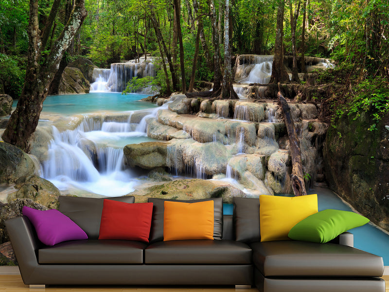 Natural Print Self-Adhesive Wall Murals – Full Wall Design for Hotel, Bedroom, Living Room "Forest Waterfall"