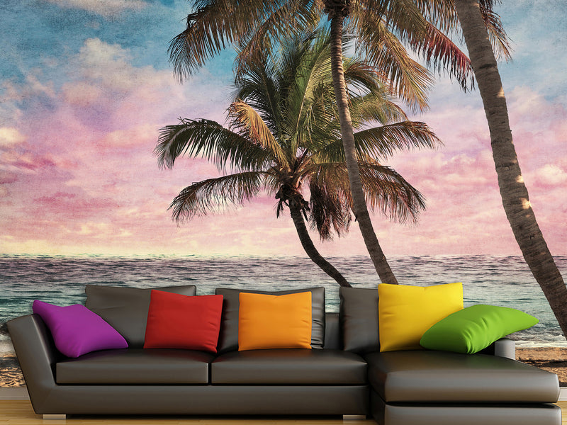 Natural Print Traditional Wall Mural 'Tropical Beach at Sunset', Decor for Office, Bedroom, Living Room