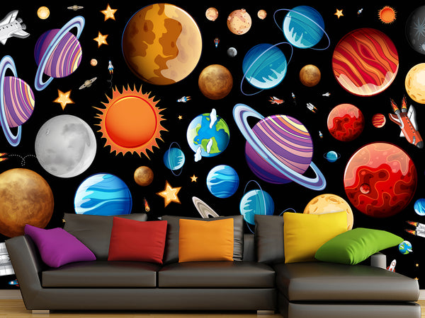 Self-Adhesive Full-Wall Wallpaper, In-House Production — Wall Mural For Living Room Or Kids’ Room “Vibrant Planets”.