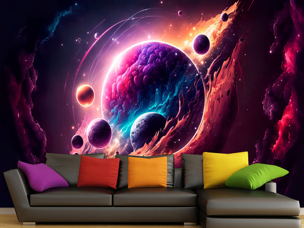Self-Adhesive Vinyl Wallpaper Print for Office or Bedroom Planetary Dance in the Galaxy Peel & Stick Mural