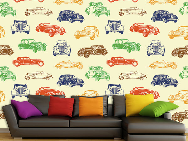 Non-Woven Photo Wallpaper Multicolored Vintage Cars – Colorful Accent for Office or Living Space