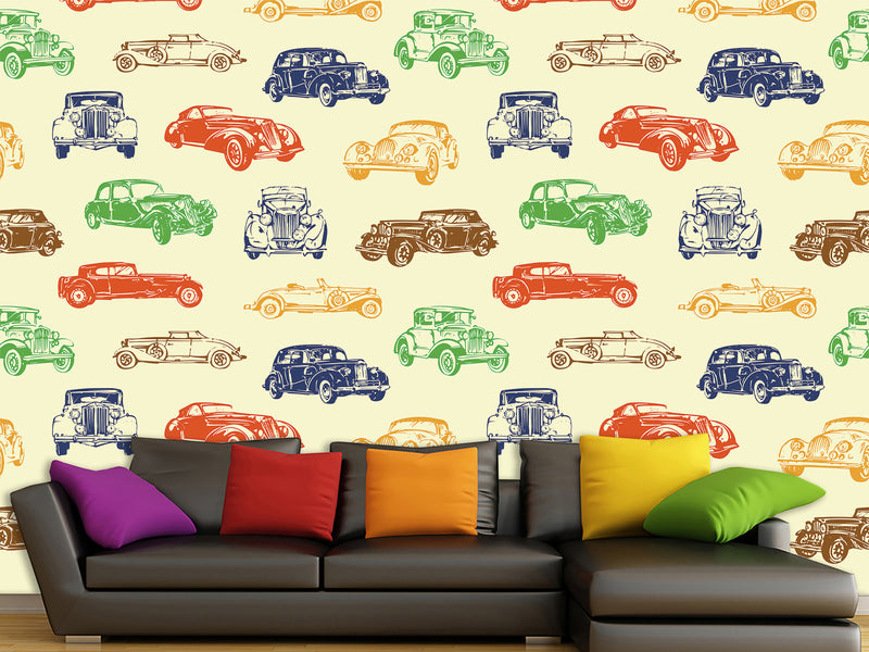 Non-Woven Photo Wallpaper Multicolored Vintage Cars – Colorful Accent for Office or Living Space