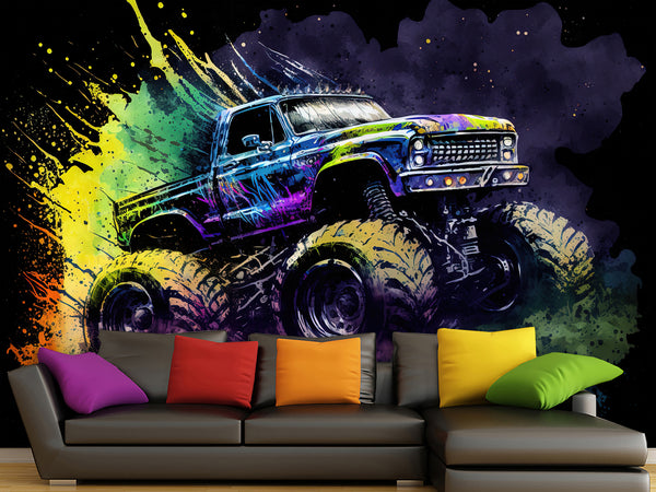 Full-Size Traditional Wallpaper Bold Decor for Workout Room or Office Epic Monster Truck Print Mural