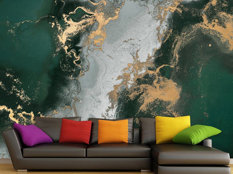 Art Print Accent Wall Self-Adhesive Wallpaper "Gray-Green Abstract Marble" – Decor for Bedroom, Living Room, Office