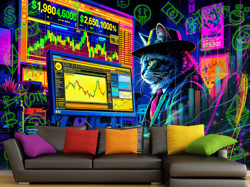 Strategy And Development Vinyl Wallpaper Peel and Stick "Holographic Hacker Cat", Desing For Bedroom And Office