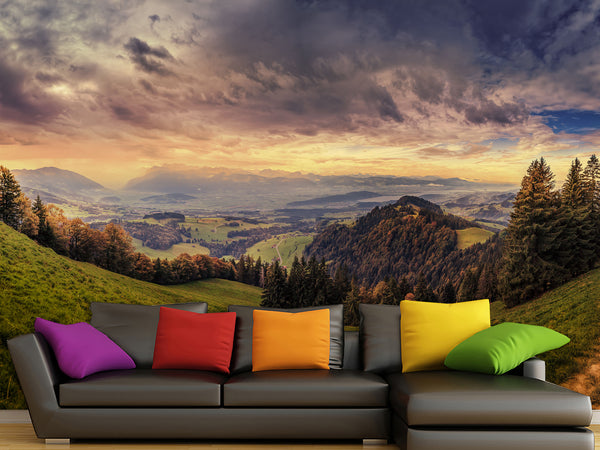 Peel and Stick Full Wall Mural Print Cloud Mist Over Plains and Forest Wallpaper for Bedroom, Living Room, or Lounge