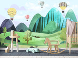 Traditional Full Wall Mural for Nursery or Kids Room Hot Air Balloon Forest Wallpaper