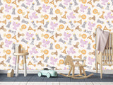 Baby Savannah Animals Self-Adhesive Wallpaper For Kids Room, Print With Lions, Elephants, Giraffes, And Monkeys