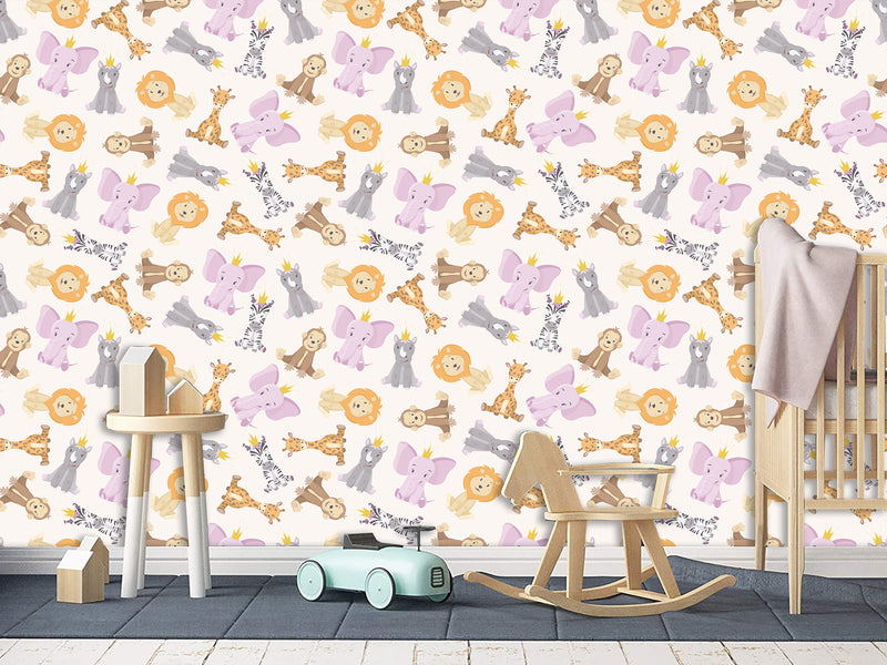 Baby Savannah Animals Self-Adhesive Wallpaper For Kids Room, Print With Lions, Elephants, Giraffes, And Monkeys
