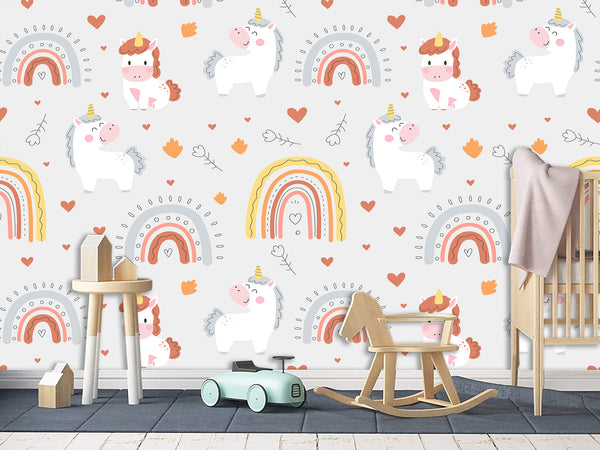 Peel and stick mural on the wall for the kid room Rainbow Unicorn Wallpaper for Kids – Cute & Magical Tots Wall Design