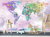 Peel and Stick Vinyl Wallpaper Rainbow-Colored Kids' World Map Mural – Interactive Print for Kids' Room