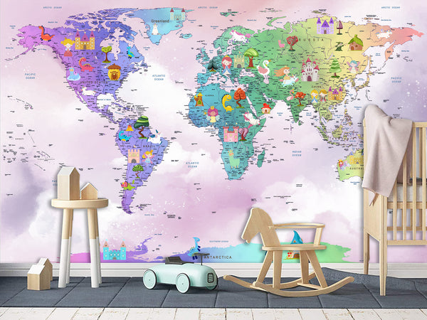 Peel and Stick Vinyl Wallpaper Rainbow-Colored Kids' World Map Mural – Interactive Print for Kids' Room
