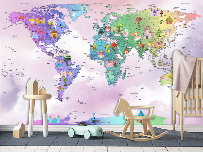 Peel and Stick Vinyl Wallpaper Rainbow-Colored Kids' World Map Mural – Interactive Print for Kids' Room