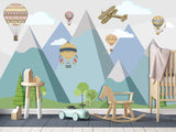 Peel & Stick Mural Full Wall Print For Kids Room Hot Air Balloon Race Over Mountains