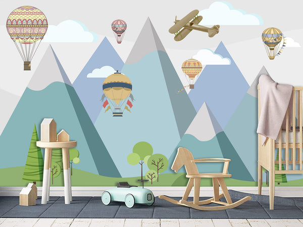 Peel & Stick Mural Full Wall Print For Kids Room Hot Air Balloon Race Over Mountains