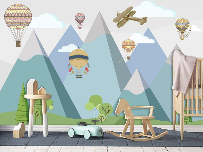 Peel & Stick Mural Full Wall Print For Kids Room Hot Air Balloon Race Over Mountains