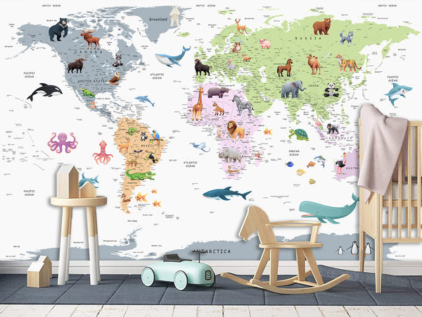 Self-Adhesive Full Wall Kids' World Map Wallpaper – Soft Colors for Kids' Room & Playroom