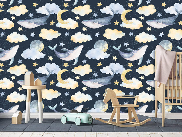 Peel and Stick Wallpaper Kids Mural Ocean Animal Wall Decor Whales And Clouds Print For Children’s Room