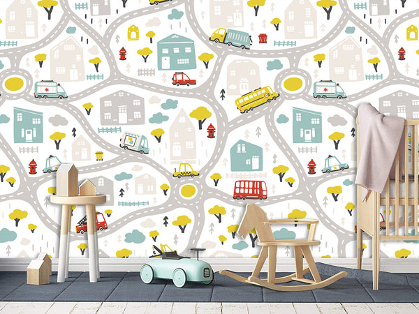 3D Non-Woven Photo Wallpaper "Children's Wall Road" – Fun Wall Mural for Kids’ Room or Study Area