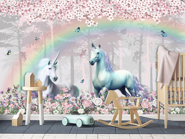 Peel & Stick Vinyl Wallpaper Kids' Room Print – "Unicorns in an Enchanted Forest"