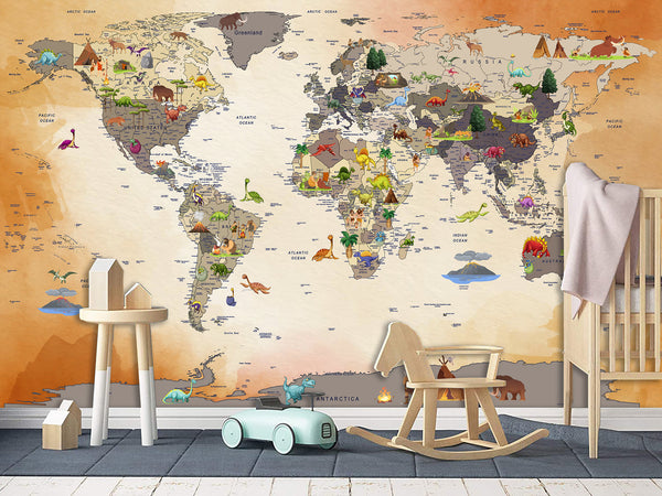 Non-Woven Mural 3D Effect Kids' World Map Wallpaper with Dinosaurs – Wall Mural for Children’s Room