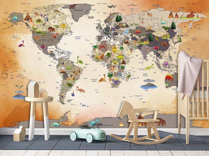 Non-Woven Mural 3D Effect Kids' World Map Wallpaper with Dinosaurs – Wall Mural for Children’s Room