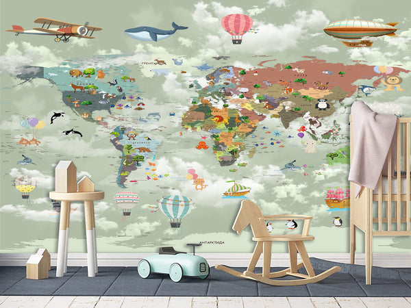 Decor for Kids room, Peel and Stick Oracal film with the pattern “Kids map of the world”