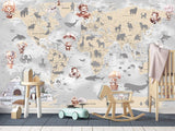 Decor for Kids room, Non-Woven Mural Wall-Sized Wallpaper "Kids' World Map With Hidden Animals"