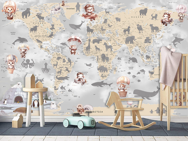Decor for Kids room, Non-Woven Mural Wall-Sized Wallpaper "Kids' World Map With Hidden Animals"