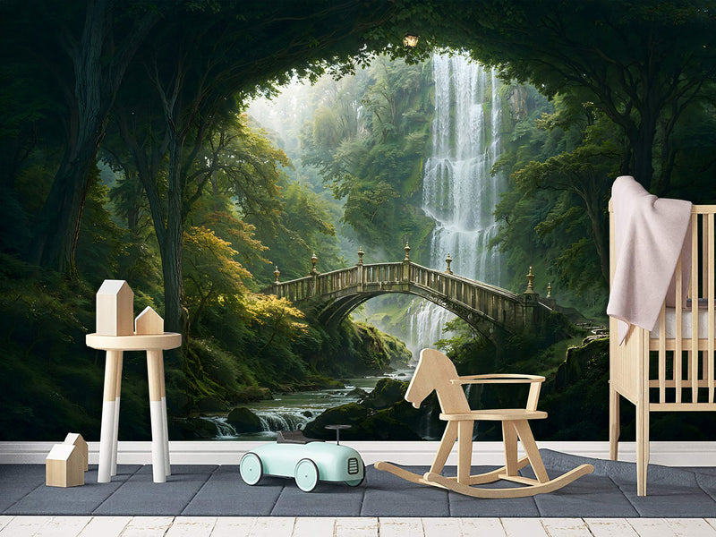 Kids’ wallpaper, creative design Peel and Stick mural for children’s room, art print "Elven Forest with Bridge" 🌿🧚
