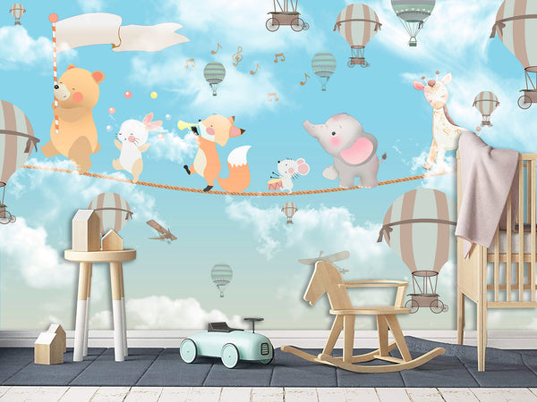 Non-Woven Photo Wallpaper for Kids' Room Circus Animals on a Rope Soft & Gentle Design