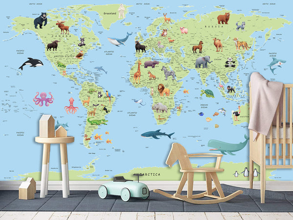 Self-Adhesive Kids' Wall Mural Full Size – Green World Map Design on Sky Blue Background