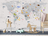 Peel and Stick Vinyl Wallpaper Minimalist Kids' World Map Mural in Grey – Wall Mural for Children’s Room
