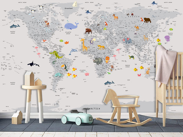 Peel and Stick Vinyl Wallpaper Minimalist Kids' World Map Mural in Grey – Wall Mural for Children’s Room