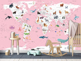 Print for Kids' Room Full Wall Self-Adhesive Wallpaper – Kids' World Map on Pink Background