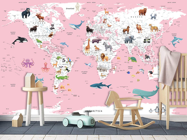 Print for Kids' Room Full Wall Self-Adhesive Wallpaper – Kids' World Map on Pink Background