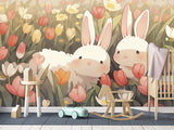 Vinyl Wallpaper Peel and Stick Mural for Kids' Room, Playroom, or Relaxation Area – "Bunnies in a Flower Field"