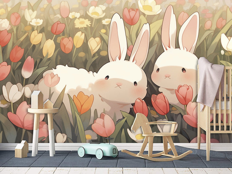 Vinyl Wallpaper Peel and Stick Mural for Kids' Room, Playroom, or Relaxation Area – "Bunnies in a Flower Field"