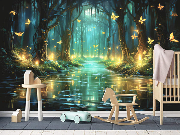 Non-Woven Magical Forest Wall Mural Peel & Stick Kids Room Wallpaper