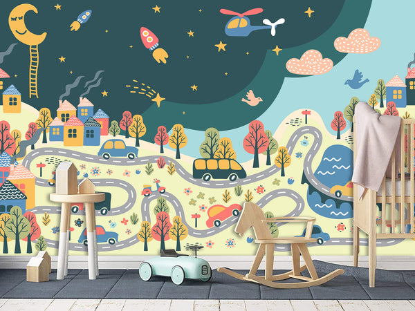 Self-Adhesive Wallpaper "Night Road" Art For Kids Room Full Wall Mural