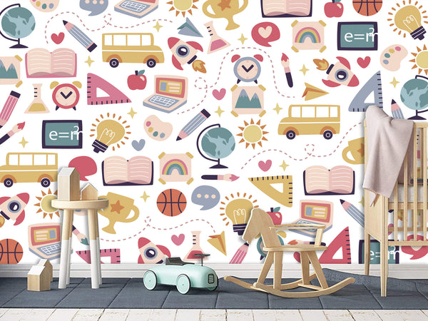 Peel & Stick Mural Full Wall Print For Kids Room "School-Themed Collage" Design for Kids' Study Area