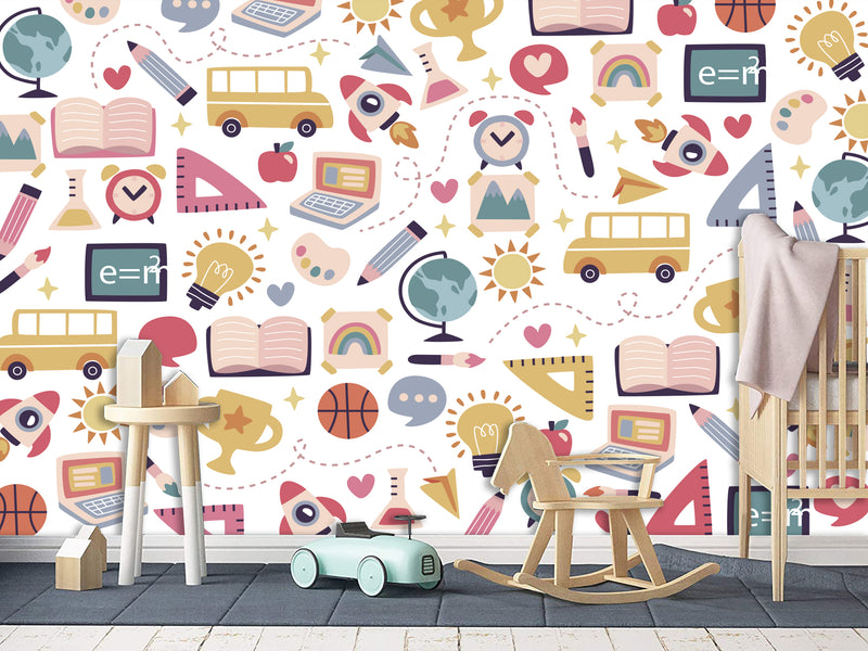 Peel & Stick Mural Full Wall Print For Kids Room "School-Themed Collage" Design for Kids' Study Area
