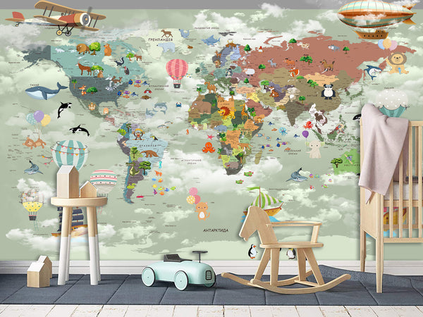 Non-Woven Mural 3D Effect Kids' World Map Wallpaper with Funny Animals – Wall Mural for Children’s Room