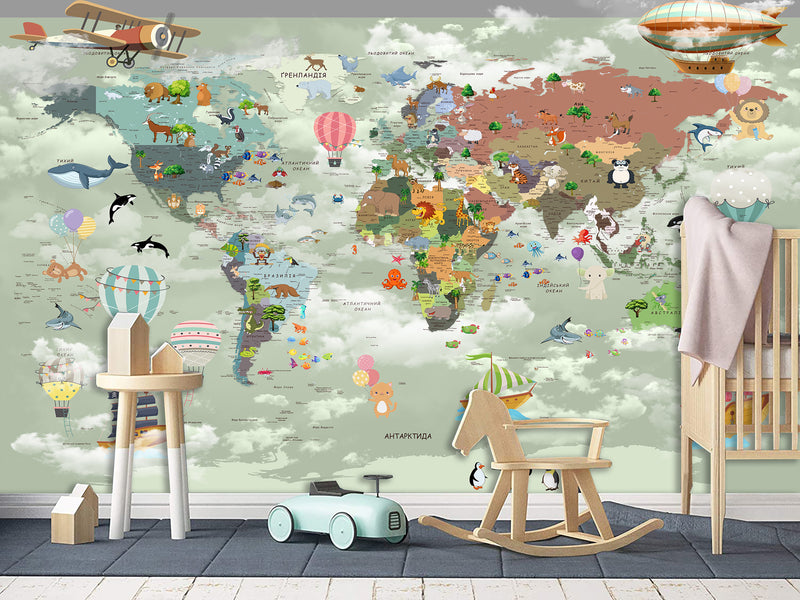 Non-Woven Mural 3D Effect Kids' World Map Wallpaper with Funny Animals – Wall Mural for Children’s Room