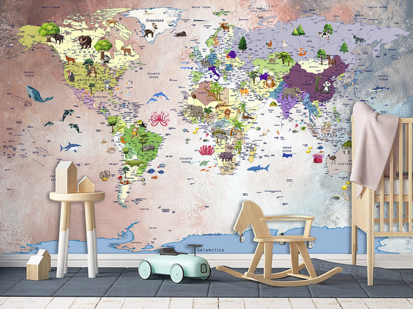 Art Design For Kids Room Self-Adhesive Wallpaper World Map Educational Kids Room Mural Playroom
