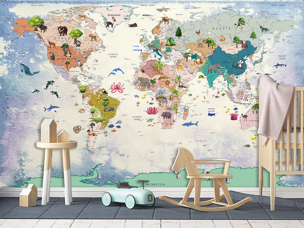 Decor for Kids room, Vinyl Wallpaper Peel and Stick with the pattern “Kids map of the world”