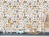 Modern Non-Woven Wallpaper — Educational School Wallpaper for Kids "Backpacks, Globes, and Books Print"