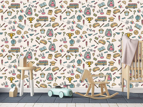Modern Non-Woven Wallpaper — Educational School Wallpaper for Kids "Backpacks, Globes, and Books Print"
