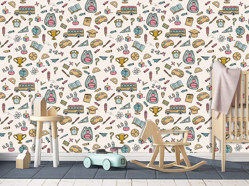 Modern Non-Woven Wallpaper — Educational School Wallpaper for Kids "Backpacks, Globes, and Books Print"