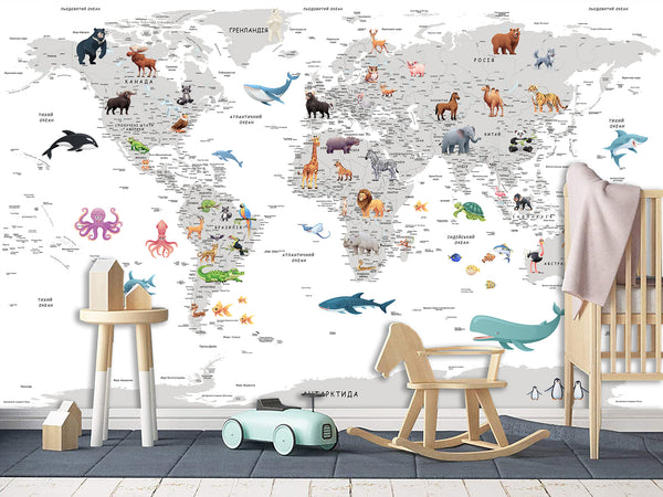 Decor for Kids room, Peel and Stick vinyl interactive World Map Wallpaper – Educational Design for Kids' Room